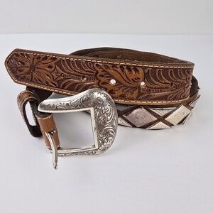 Vintage Tooled Leather Western Belt Silver Engraved Buckle -Hardware Mens 38